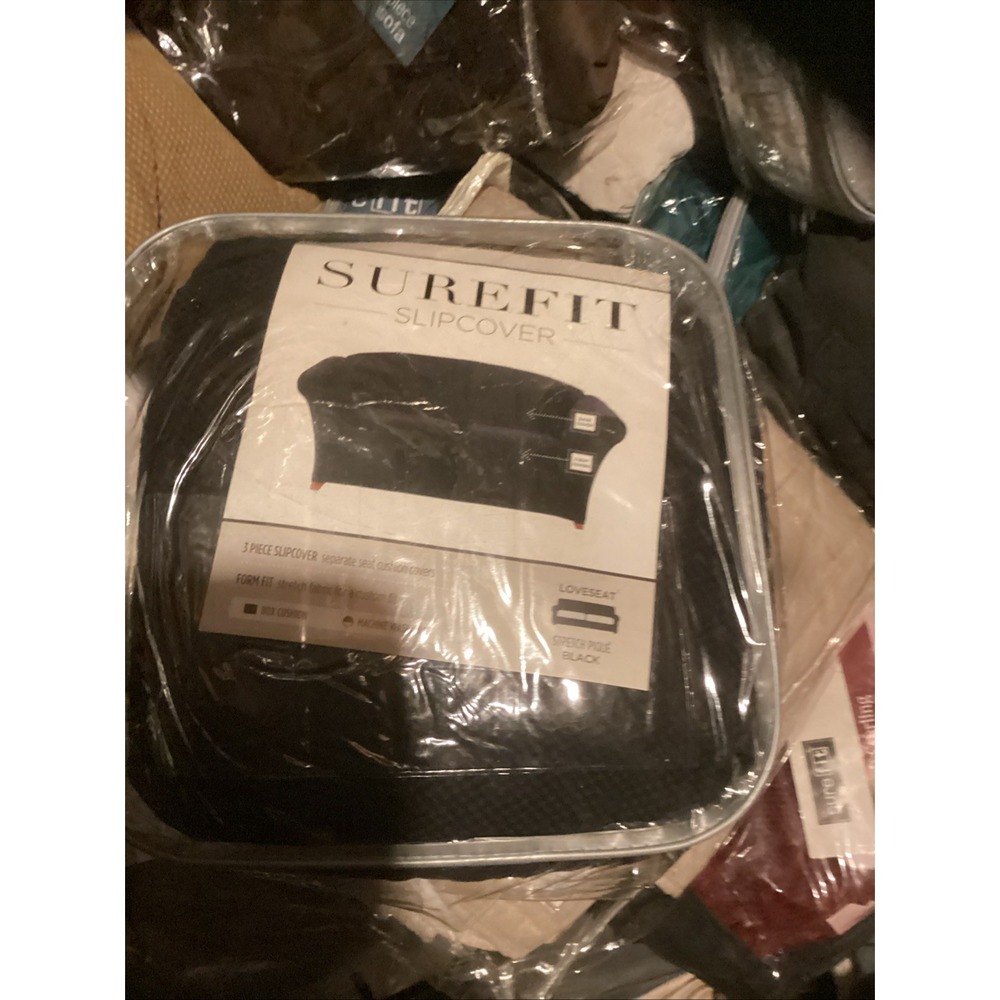 SureFit Stretch Pique 3 Piece Loveseat Slipcover Black NWT